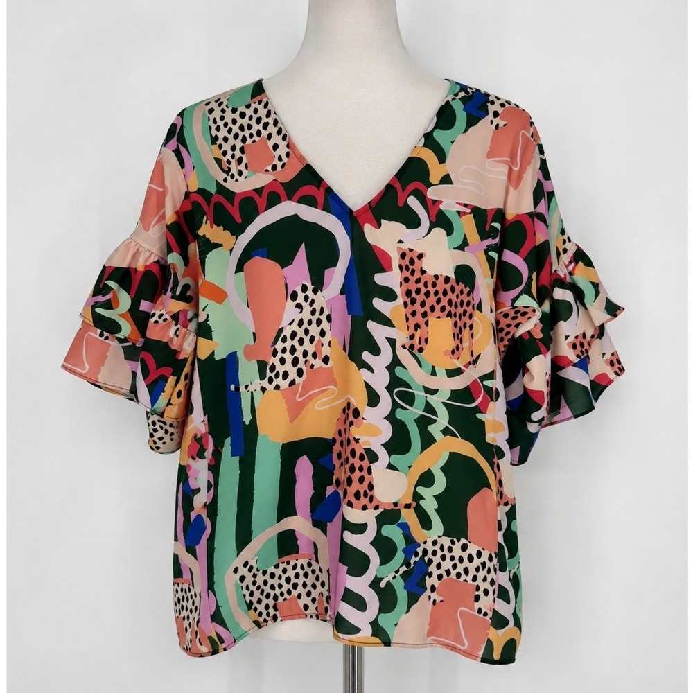 CROSBY by Mollie Burch Multicolor Abstract Print V-Neck Ruffle Sleeve Blouse